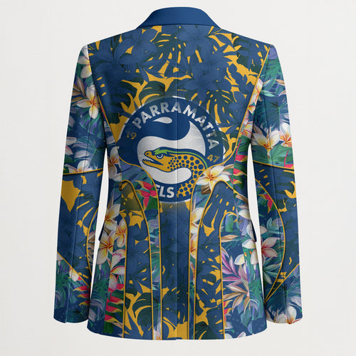 Parramatta Eels Blazer Tropical Hibiscus Floral Pattern With Blue And Yellow Accents