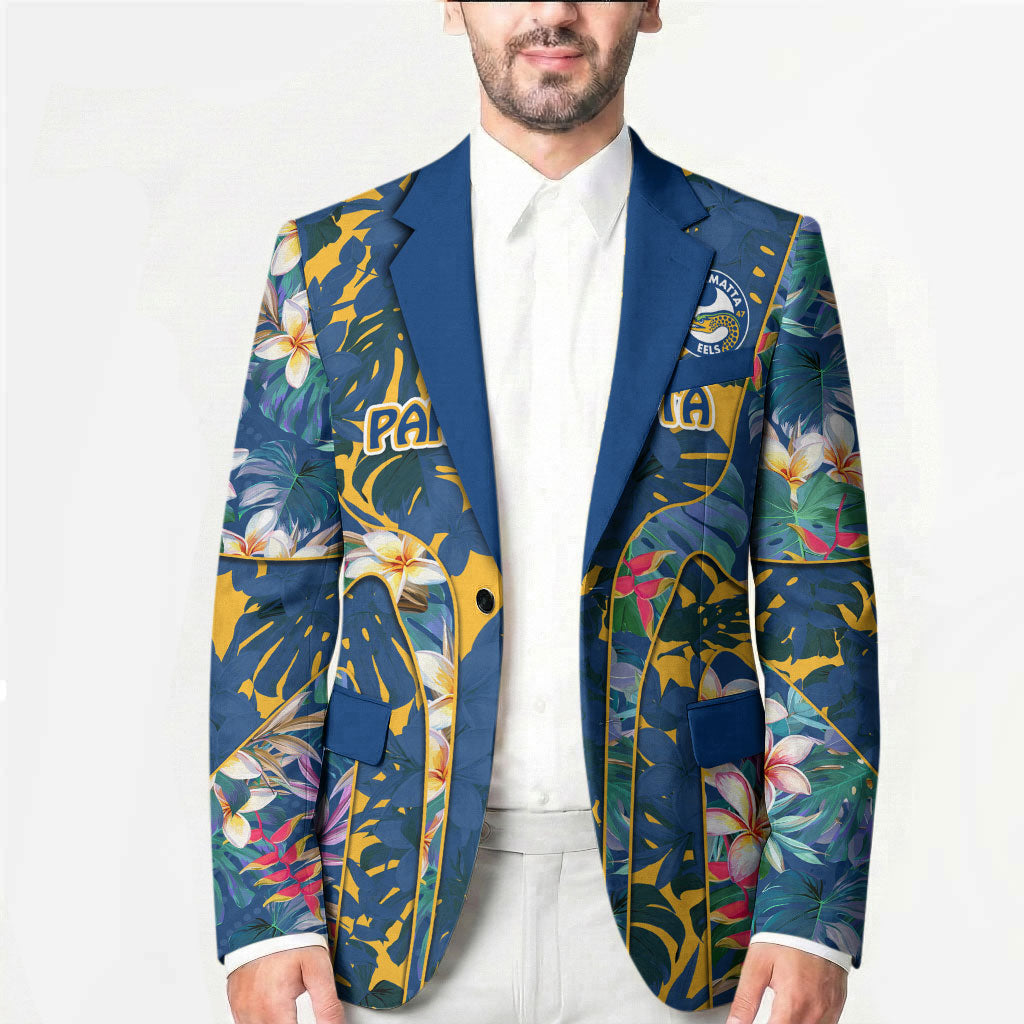 Parramatta Eels Blazer Tropical Hibiscus Floral Pattern With Blue And Yellow Accents