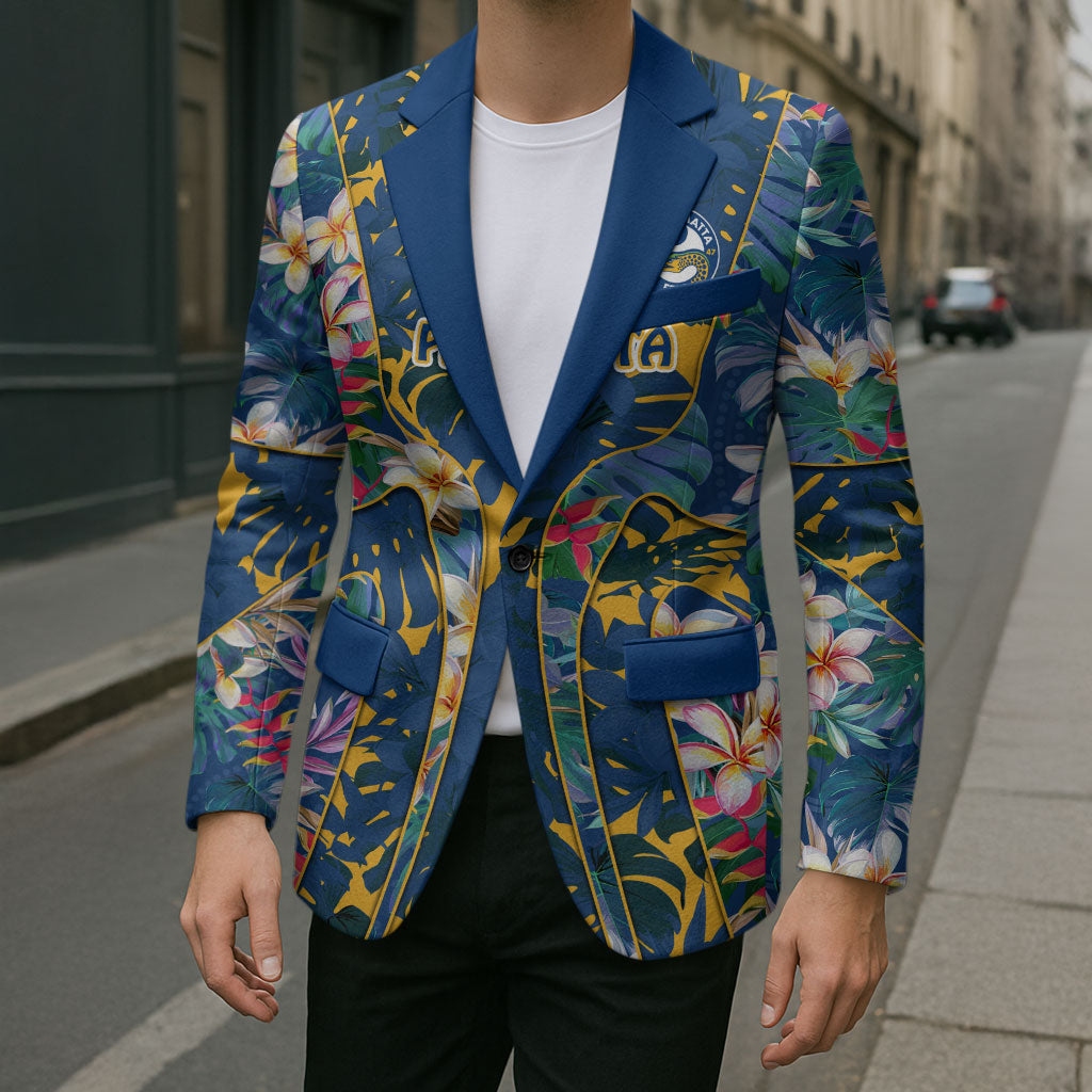 Parramatta Eels Blazer Tropical Hibiscus Floral Pattern With Blue And Yellow Accents