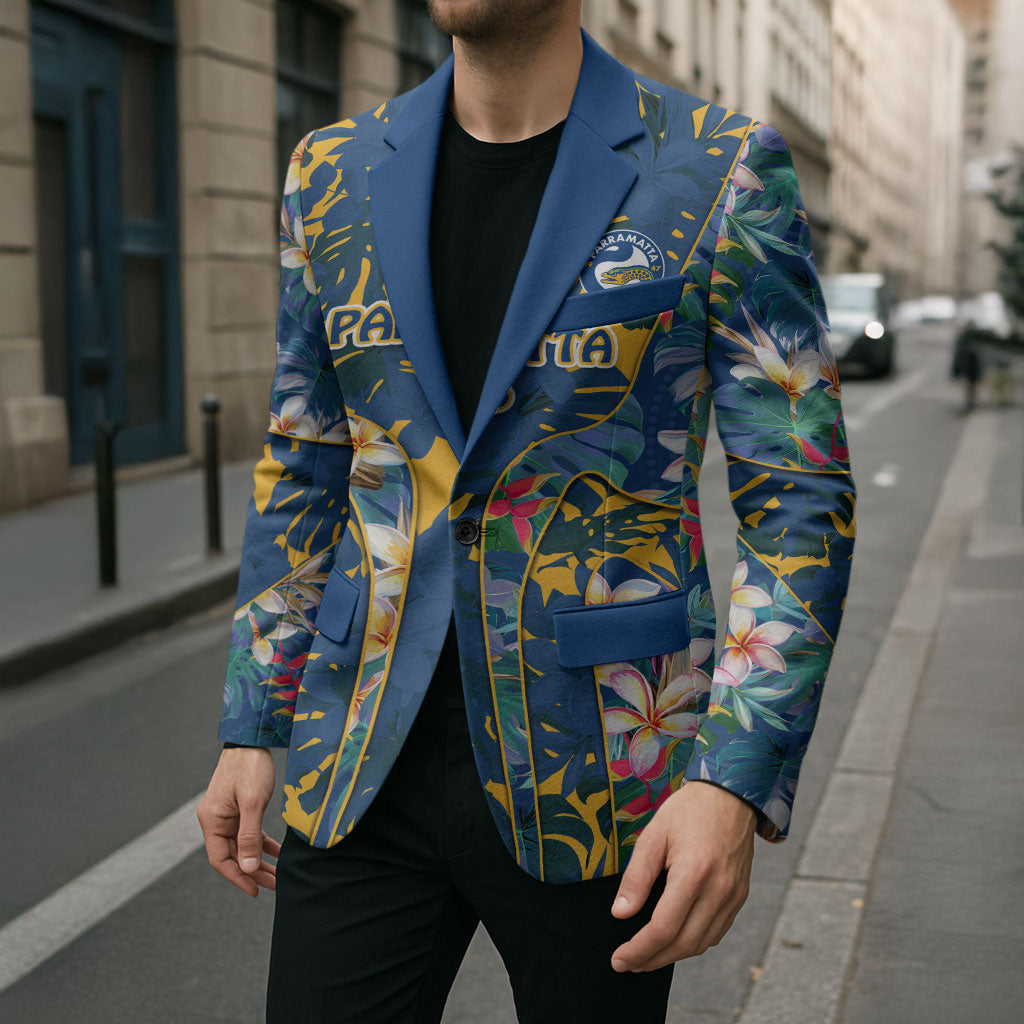Parramatta Eels Blazer Tropical Hibiscus Floral Pattern With Blue And Yellow Accents