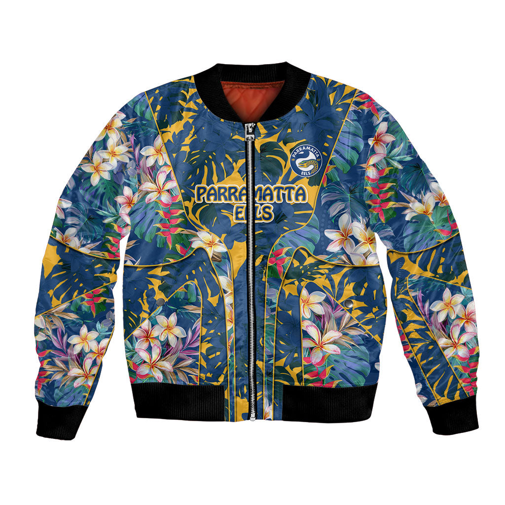 Parramatta Eels Bomber Jacket Tropical Hibiscus Floral Pattern With Blue And Yellow Accents