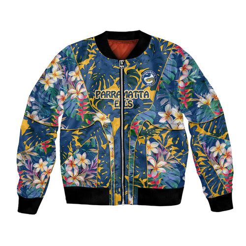 Parramatta Eels Bomber Jacket Tropical Hibiscus Floral Pattern With Blue And Yellow Accents