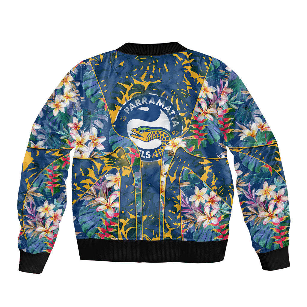 Parramatta Eels Bomber Jacket Tropical Hibiscus Floral Pattern With Blue And Yellow Accents