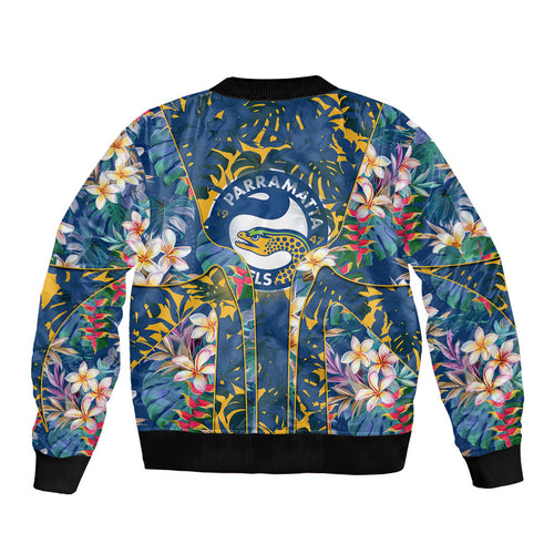 Parramatta Eels Bomber Jacket Tropical Hibiscus Floral Pattern With Blue And Yellow Accents