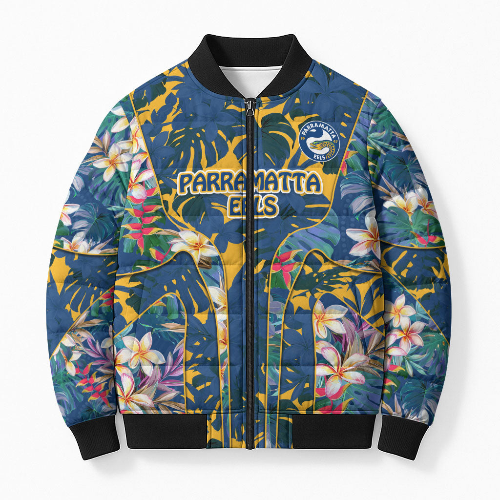 Parramatta Eels Bomber Puffer Jacket Tropical Hibiscus Floral Pattern With Blue And Yellow Accents