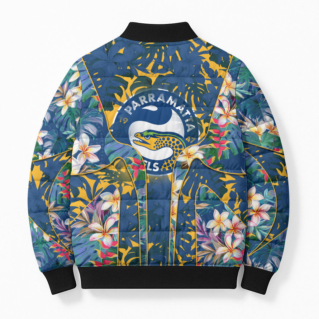 Parramatta Eels Bomber Puffer Jacket Tropical Hibiscus Floral Pattern With Blue And Yellow Accents