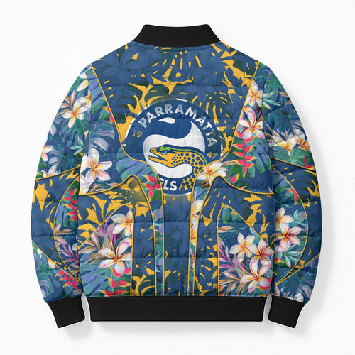 Parramatta Eels Bomber Puffer Jacket Tropical Hibiscus Floral Pattern With Blue And Yellow Accents