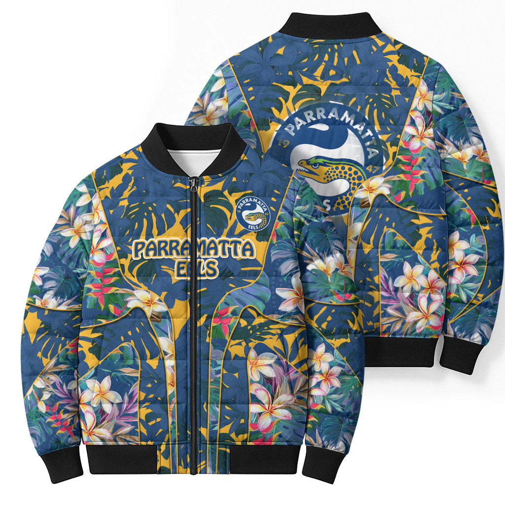Parramatta Eels Bomber Puffer Jacket Tropical Hibiscus Floral Pattern With Blue And Yellow Accents