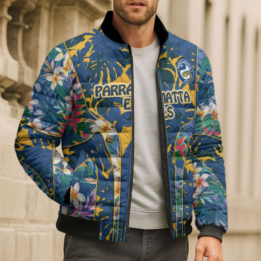 Parramatta Eels Bomber Puffer Jacket Tropical Hibiscus Floral Pattern With Blue And Yellow Accents