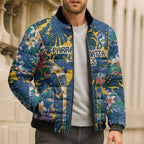 Parramatta Eels Bomber Puffer Jacket Tropical Hibiscus Floral Pattern With Blue And Yellow Accents