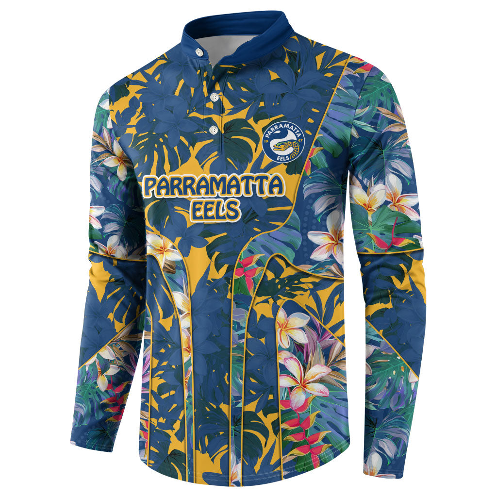 Parramatta Eels Button Sweatshirt Tropical Hibiscus Floral Pattern With Blue And Yellow Accents