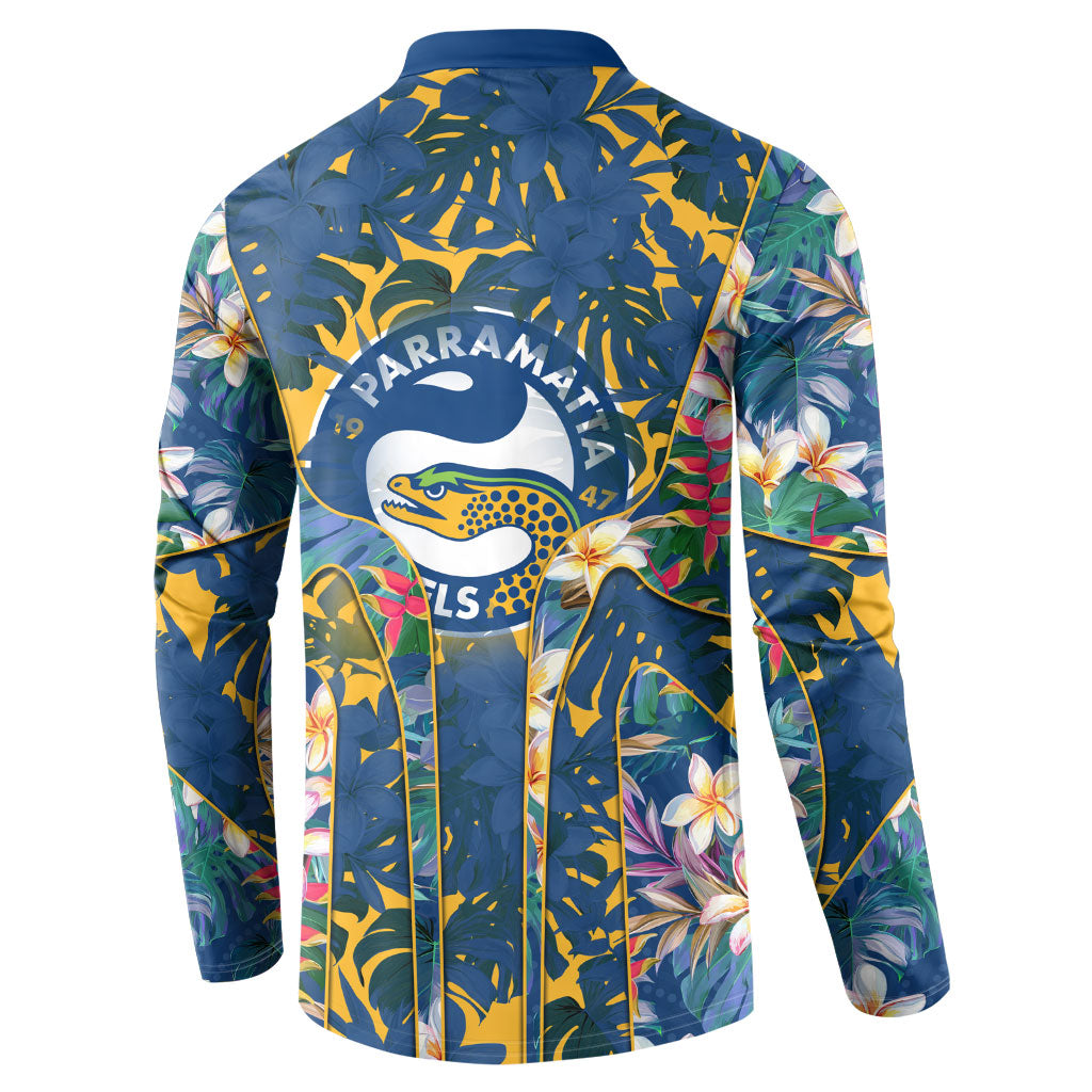 Parramatta Eels Button Sweatshirt Tropical Hibiscus Floral Pattern With Blue And Yellow Accents