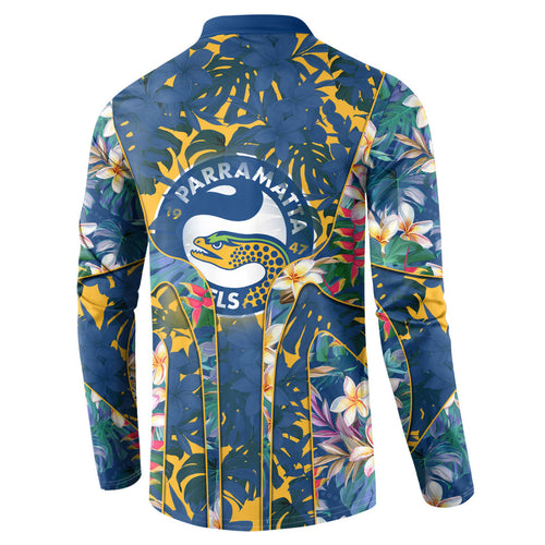 Parramatta Eels Button Sweatshirt Tropical Hibiscus Floral Pattern With Blue And Yellow Accents