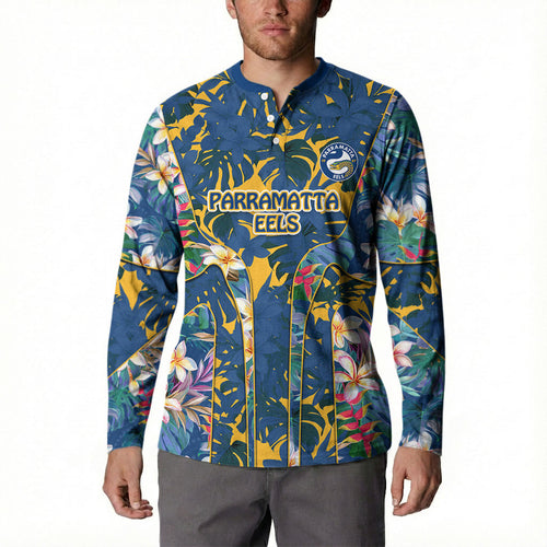 Parramatta Eels Button Sweatshirt Tropical Hibiscus Floral Pattern With Blue And Yellow Accents