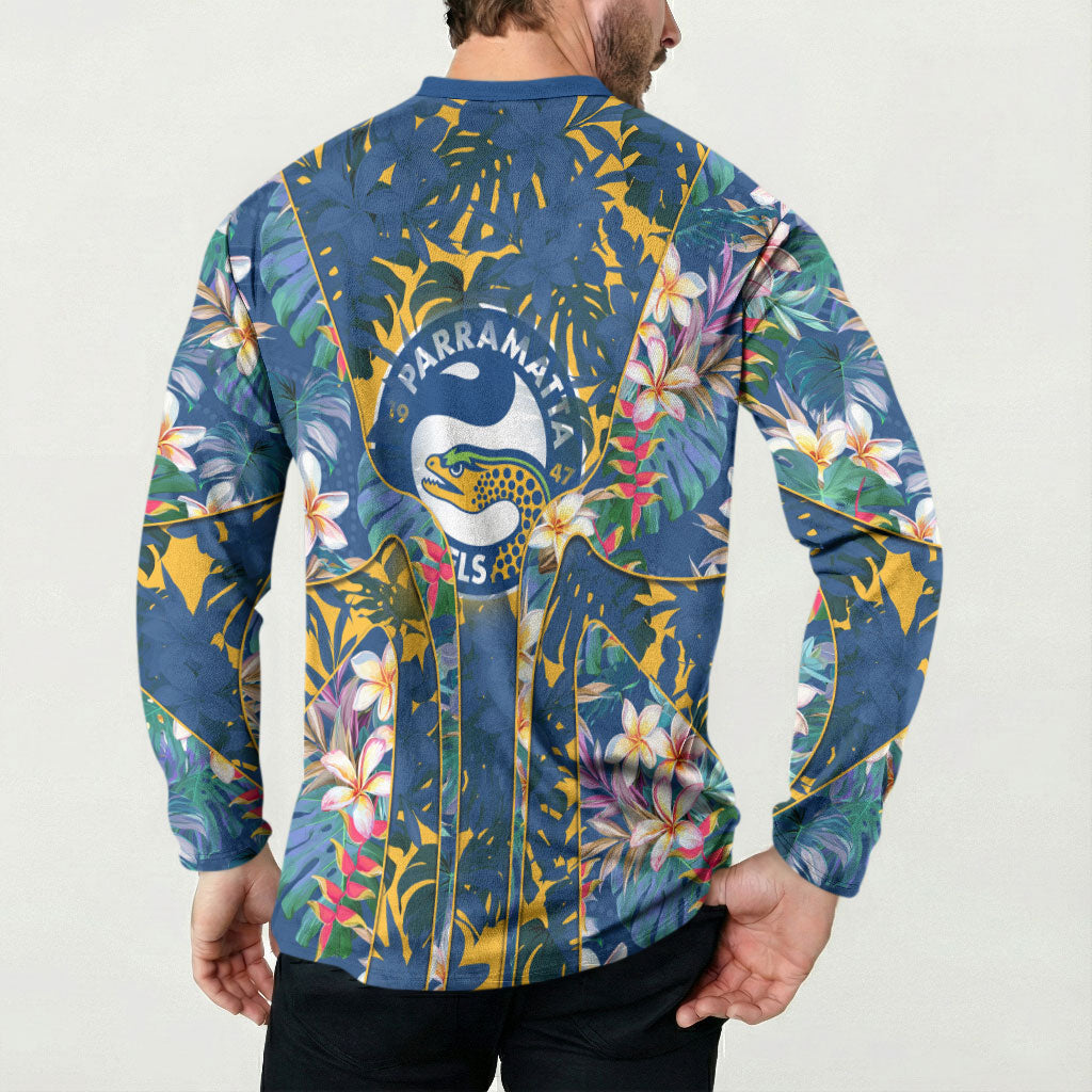 Parramatta Eels Button Sweatshirt Tropical Hibiscus Floral Pattern With Blue And Yellow Accents