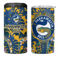 Parramatta Eels 4 in 1 Can Cooler Tumbler Tropical Hibiscus Floral Pattern With Blue And Yellow Accents