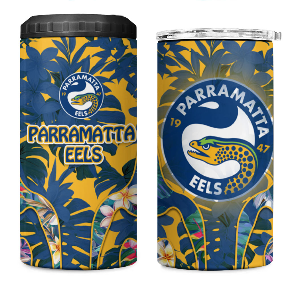 Parramatta Eels 4 in 1 Can Cooler Tumbler Tropical Hibiscus Floral Pattern With Blue And Yellow Accents