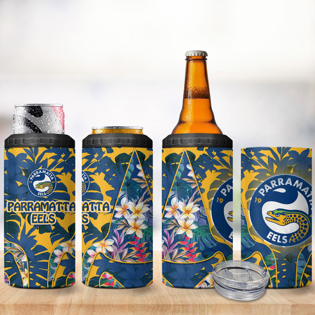 Parramatta Eels 4 in 1 Can Cooler Tumbler Tropical Hibiscus Floral Pattern With Blue And Yellow Accents