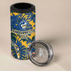 Parramatta Eels 4 in 1 Can Cooler Tumbler Tropical Hibiscus Floral Pattern With Blue And Yellow Accents