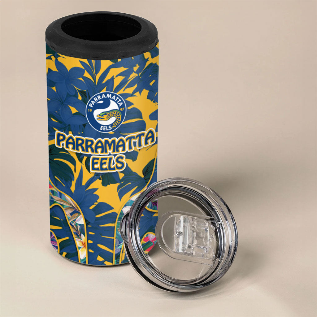 Parramatta Eels 4 in 1 Can Cooler Tumbler Tropical Hibiscus Floral Pattern With Blue And Yellow Accents