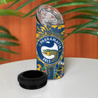 Parramatta Eels 4 in 1 Can Cooler Tumbler Tropical Hibiscus Floral Pattern With Blue And Yellow Accents
