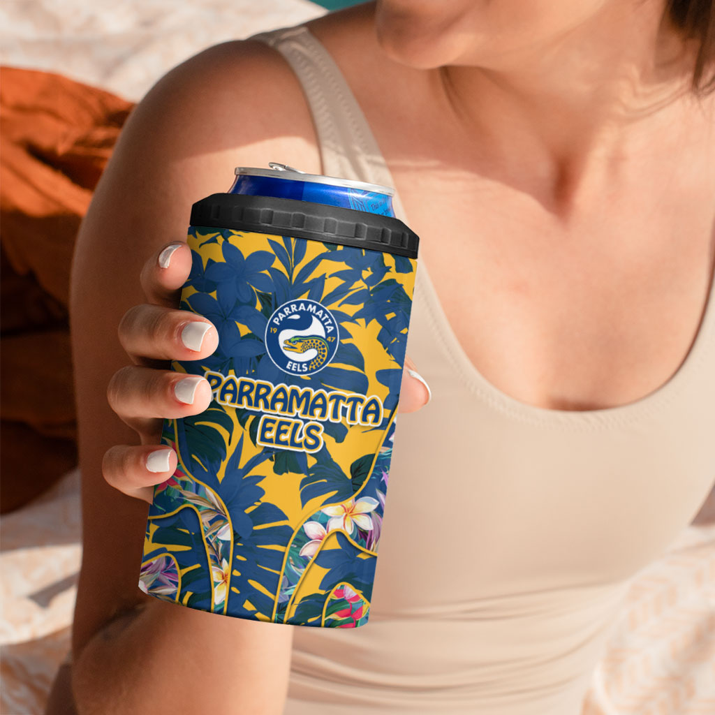 Parramatta Eels 4 in 1 Can Cooler Tumbler Tropical Hibiscus Floral Pattern With Blue And Yellow Accents