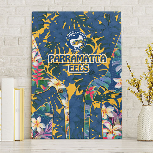 Parramatta Eels Canvas Wall Art Tropical Hibiscus Floral Pattern With Blue And Yellow Accents