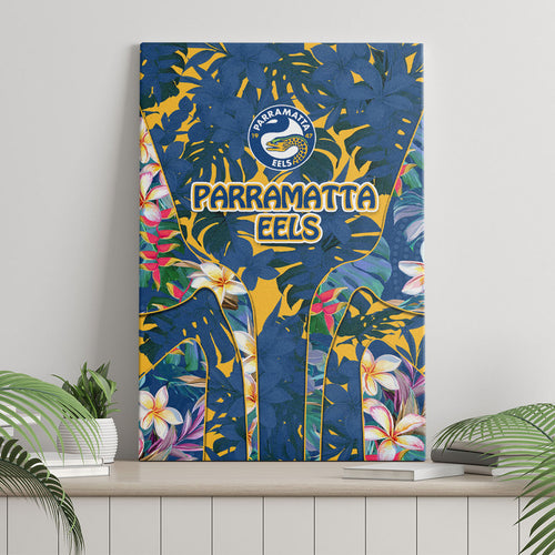 Parramatta Eels Canvas Wall Art Tropical Hibiscus Floral Pattern With Blue And Yellow Accents