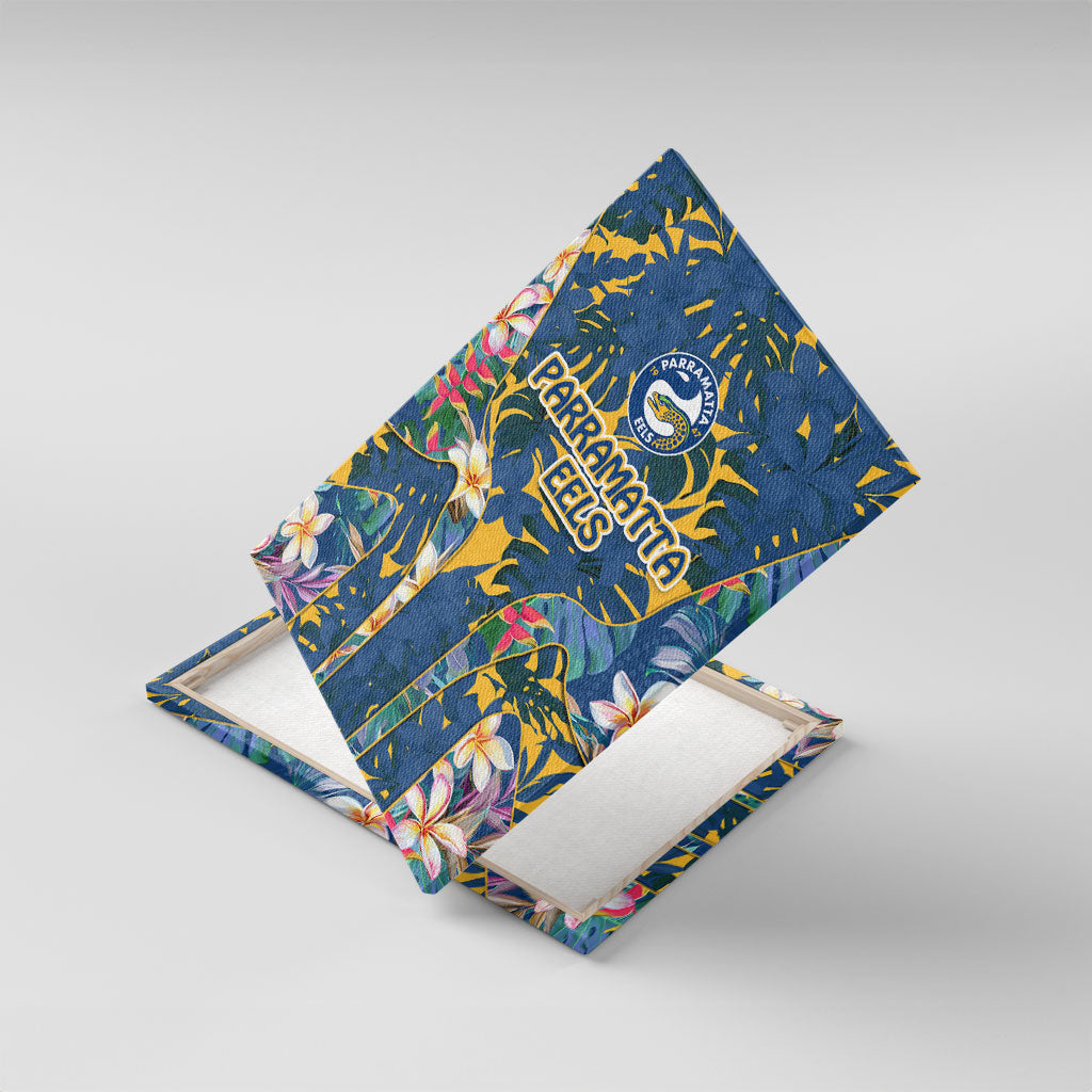 Parramatta Eels Canvas Wall Art Tropical Hibiscus Floral Pattern With Blue And Yellow Accents