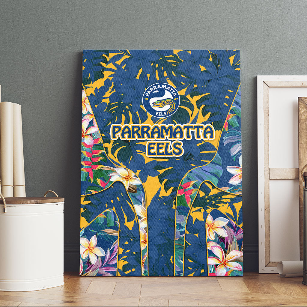Parramatta Eels Canvas Wall Art Tropical Hibiscus Floral Pattern With Blue And Yellow Accents