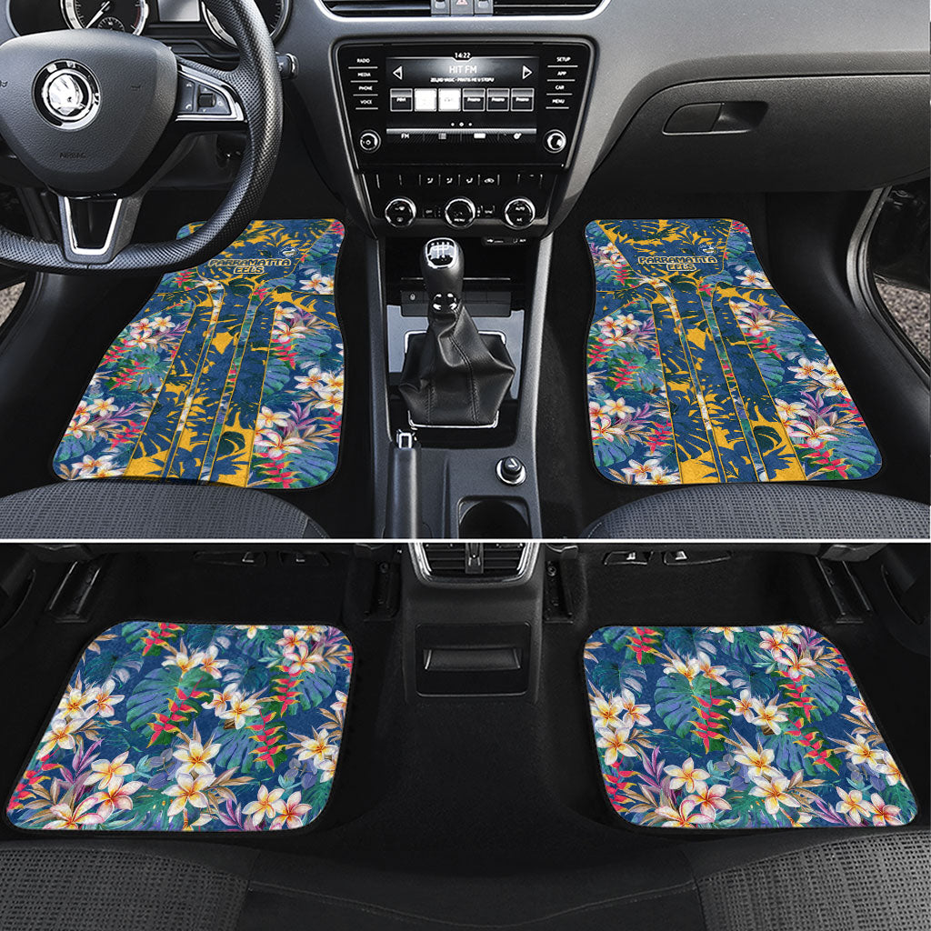 Parramatta Eels Car Mats Tropical Hibiscus Floral Pattern With Blue And Yellow Accents