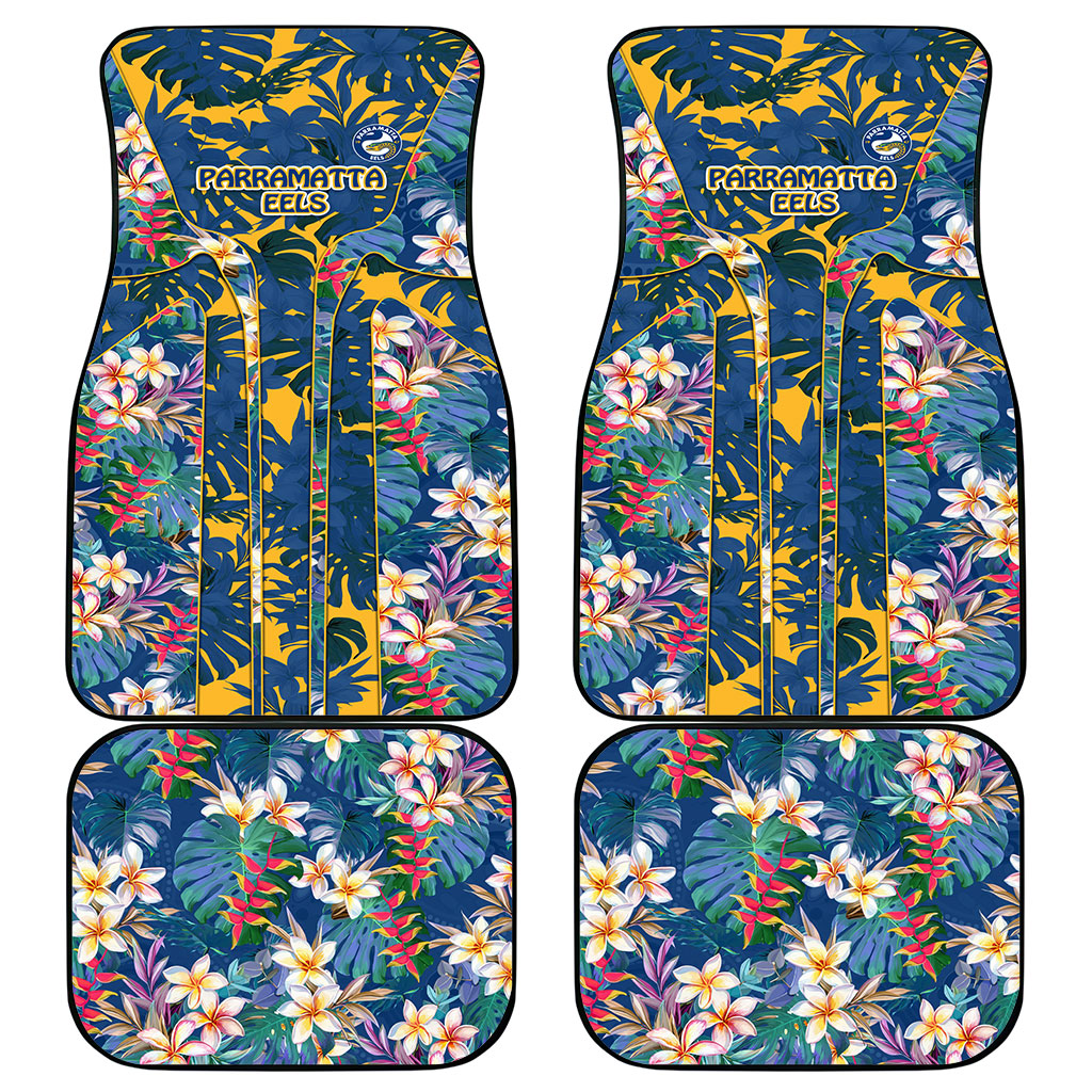 Parramatta Eels Car Mats Tropical Hibiscus Floral Pattern With Blue And Yellow Accents