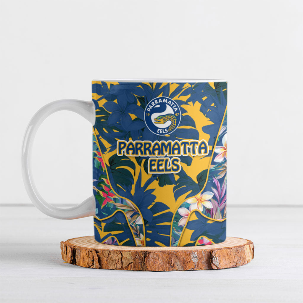Parramatta Eels Ceramic Mug Tropical Hibiscus Floral Pattern With Blue And Yellow Accents