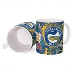 Parramatta Eels Ceramic Mug Tropical Hibiscus Floral Pattern With Blue And Yellow Accents