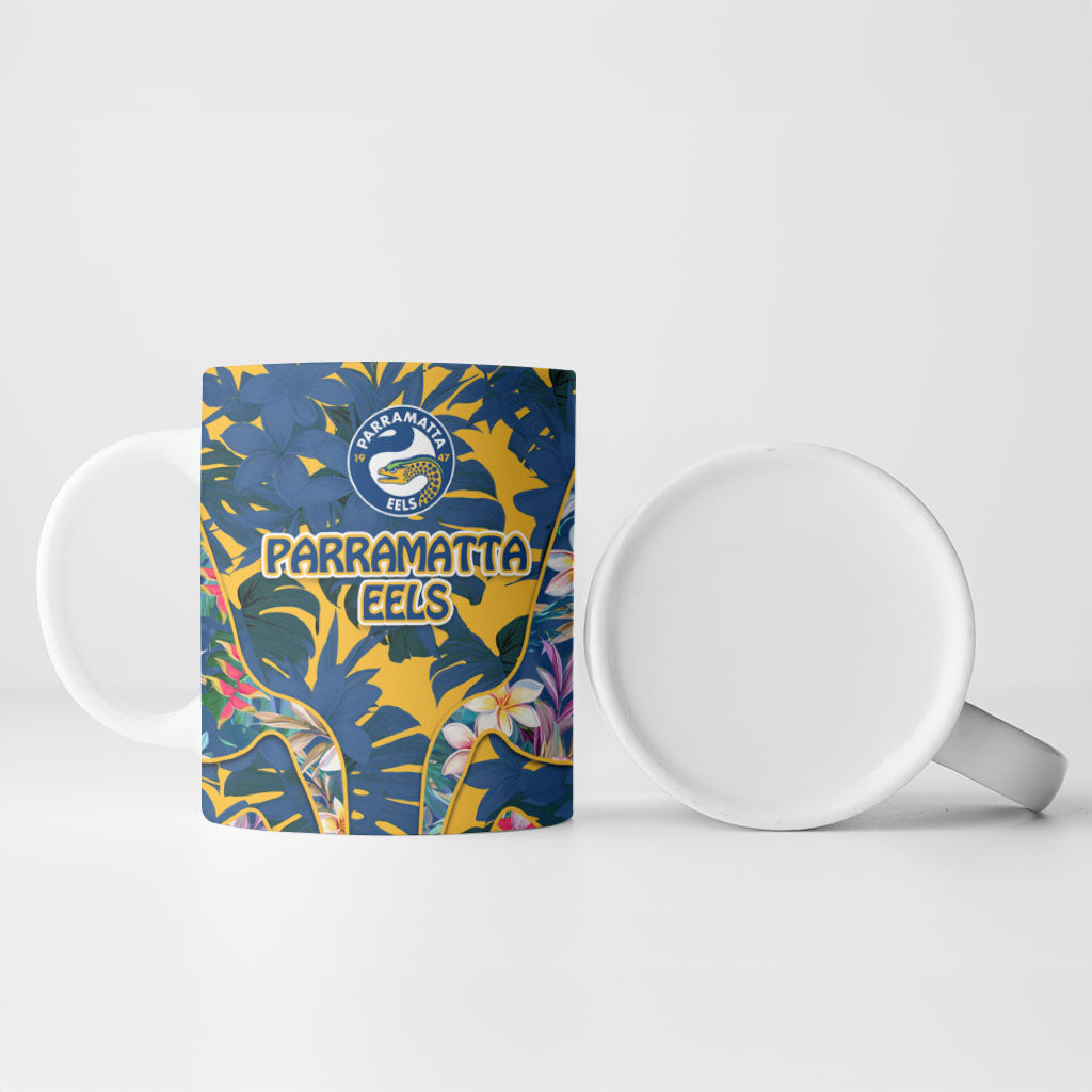 Parramatta Eels Ceramic Mug Tropical Hibiscus Floral Pattern With Blue And Yellow Accents