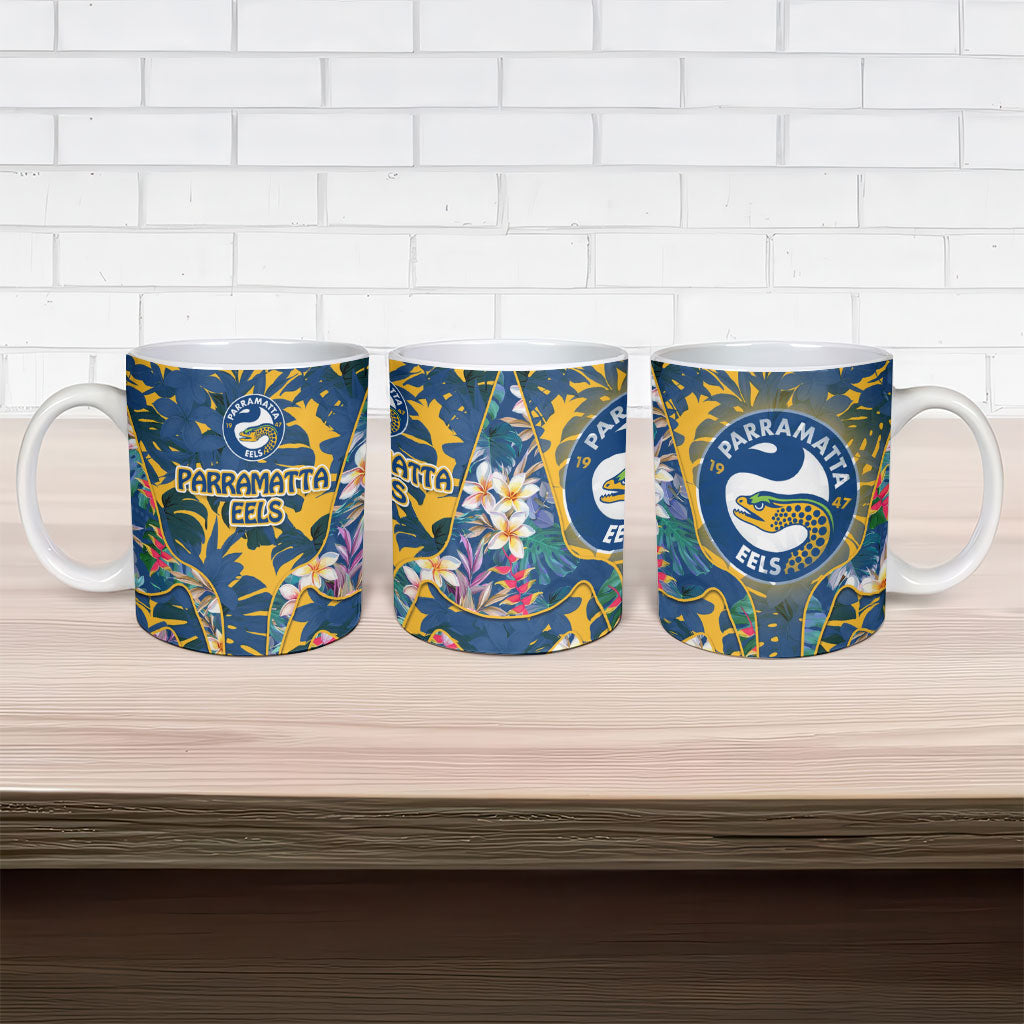 Parramatta Eels Ceramic Mug Tropical Hibiscus Floral Pattern With Blue And Yellow Accents