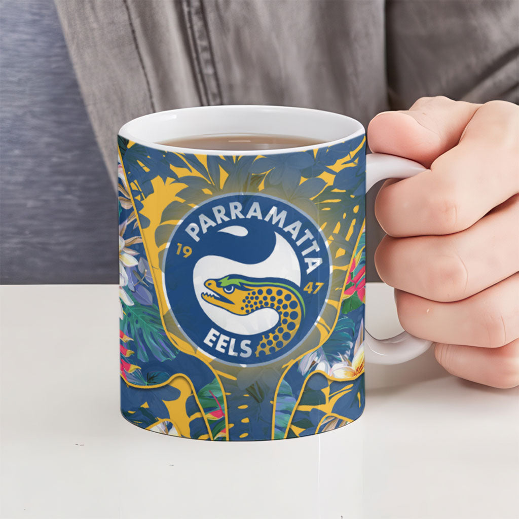 Parramatta Eels Ceramic Mug Tropical Hibiscus Floral Pattern With Blue And Yellow Accents
