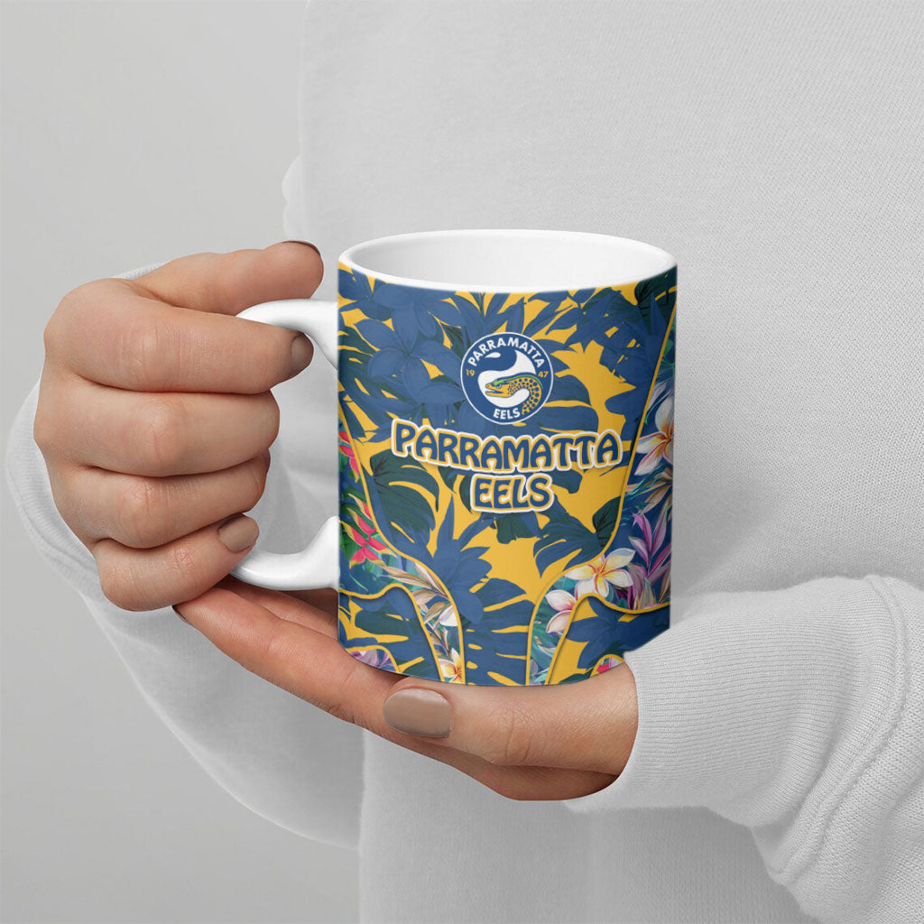 Parramatta Eels Ceramic Mug Tropical Hibiscus Floral Pattern With Blue And Yellow Accents