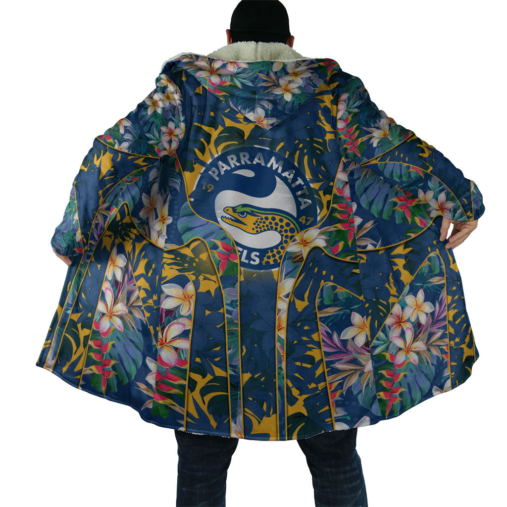Parramatta Eels Cloak Tropical Hibiscus Floral Pattern With Blue And Yellow Accents