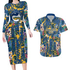 Parramatta Eels Couples Matching Long Sleeve Bodycon Dress and Hawaiian Shirt Tropical Hibiscus Floral Pattern With Blue And Yellow Accents