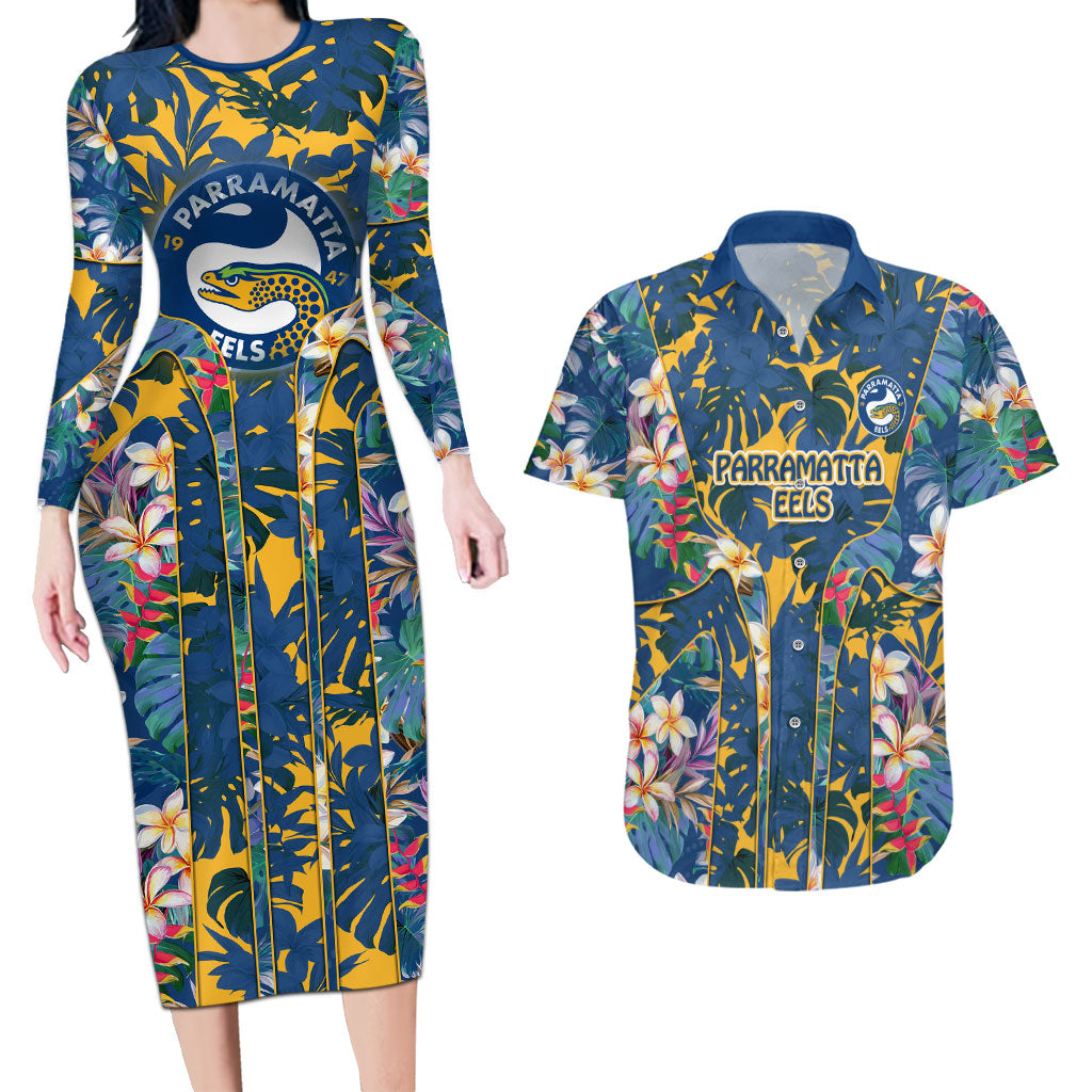 Parramatta Eels Couples Matching Long Sleeve Bodycon Dress and Hawaiian Shirt Tropical Hibiscus Floral Pattern With Blue And Yellow Accents