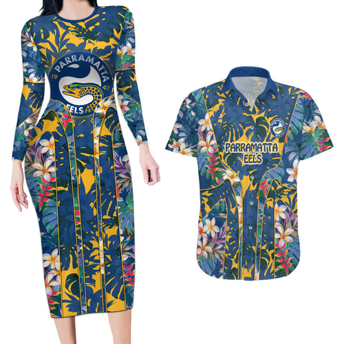 Parramatta Eels Couples Matching Long Sleeve Bodycon Dress and Hawaiian Shirt Tropical Hibiscus Floral Pattern With Blue And Yellow Accents