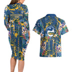 Parramatta Eels Couples Matching Long Sleeve Bodycon Dress and Hawaiian Shirt Tropical Hibiscus Floral Pattern With Blue And Yellow Accents