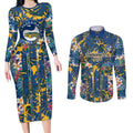 Parramatta Eels Couples Matching Long Sleeve Bodycon Dress and Long Sleeve Button Shirt Tropical Hibiscus Floral Pattern With Blue And Yellow Accents