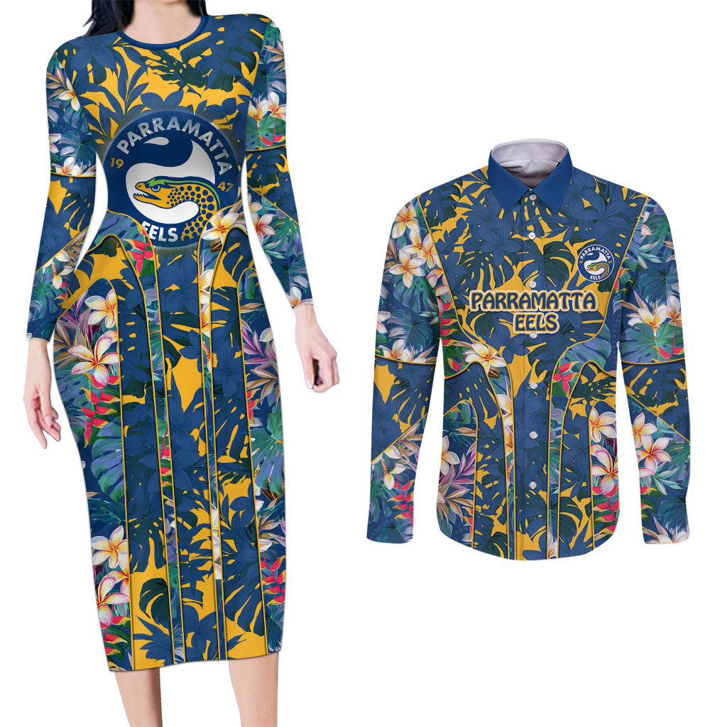 Parramatta Eels Couples Matching Long Sleeve Bodycon Dress and Long Sleeve Button Shirt Tropical Hibiscus Floral Pattern With Blue And Yellow Accents