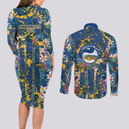 Parramatta Eels Couples Matching Long Sleeve Bodycon Dress and Long Sleeve Button Shirt Tropical Hibiscus Floral Pattern With Blue And Yellow Accents