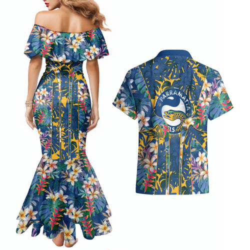 Parramatta Eels Couples Matching Mermaid Dress and Hawaiian Shirt Tropical Hibiscus Floral Pattern With Blue And Yellow Accents