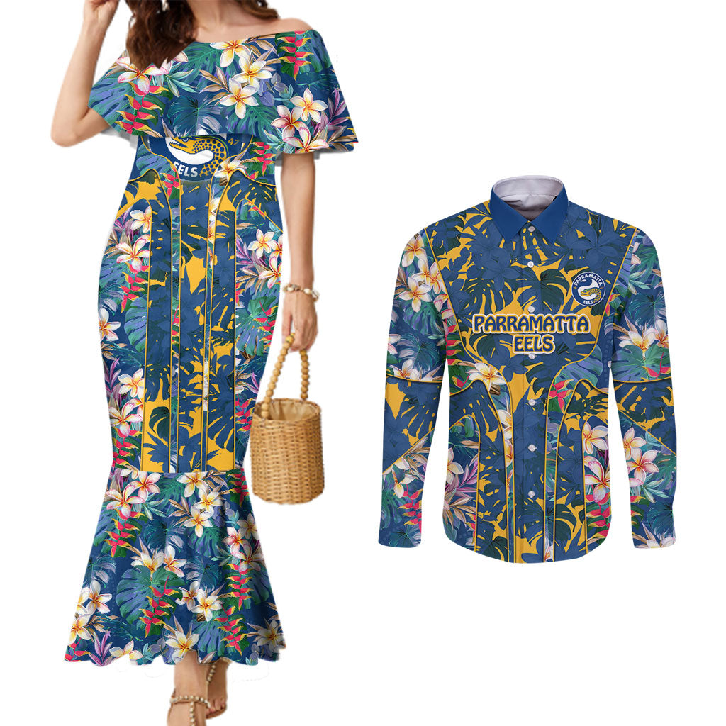 Parramatta Eels Couples Matching Mermaid Dress and Long Sleeve Button Shirt Tropical Hibiscus Floral Pattern With Blue And Yellow Accents