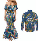Parramatta Eels Couples Matching Mermaid Dress and Long Sleeve Button Shirt Tropical Hibiscus Floral Pattern With Blue And Yellow Accents