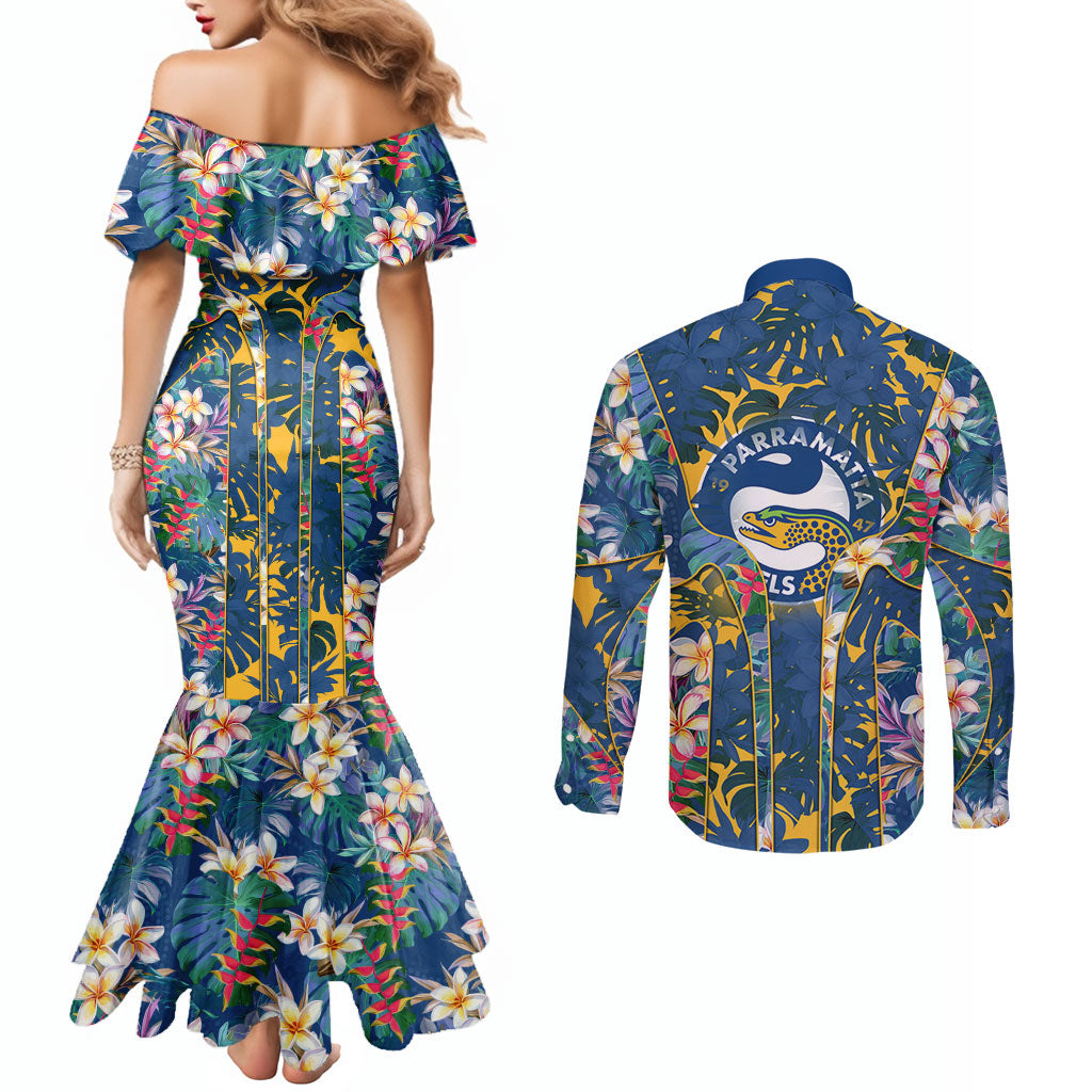 Parramatta Eels Couples Matching Mermaid Dress and Long Sleeve Button Shirt Tropical Hibiscus Floral Pattern With Blue And Yellow Accents